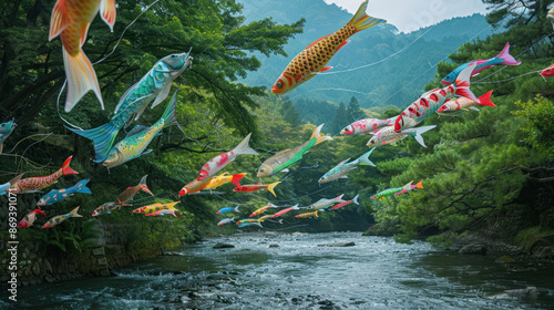 Colorful carp streamers (koinobori) flying in the wind over a river photo