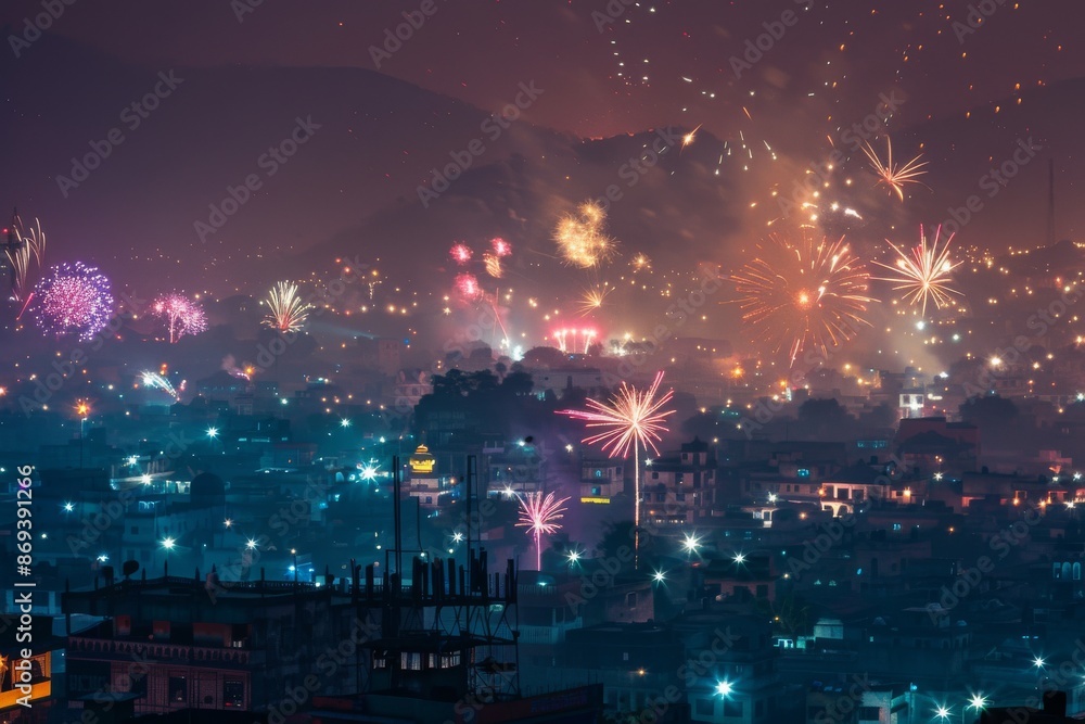 Experience the breathtaking display of fireworks illuminating the night sky during the vibrant Diwali festival in India. Experience the breathtaking display of fireworks illuminating the night sky during the vibrant Diwali festival in India.