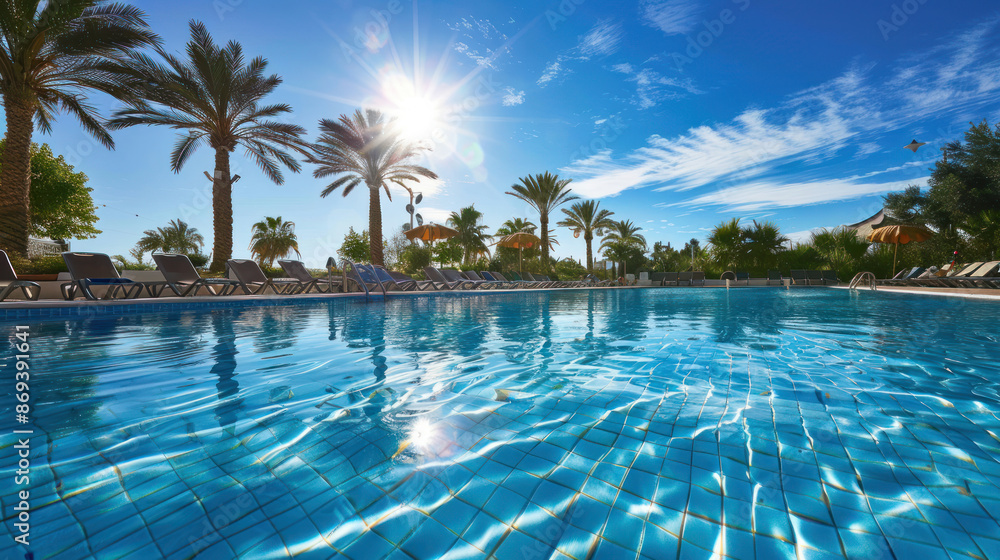 Fototapeta premium Crystal clear swimming pool with sun loungers and palm trees