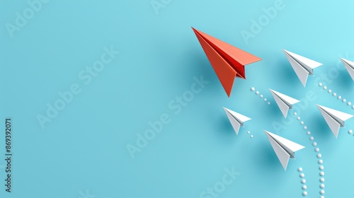 paper airplanes all flying in the same direction, with one red paper airplane breaking away from the group and flying