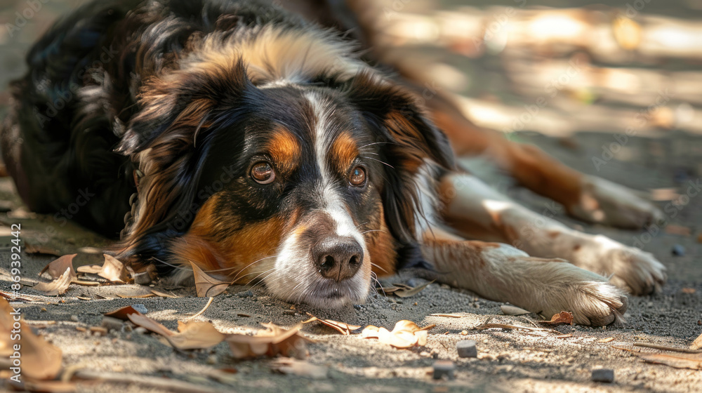 Exhausted dog lying in the shade, panting heavily