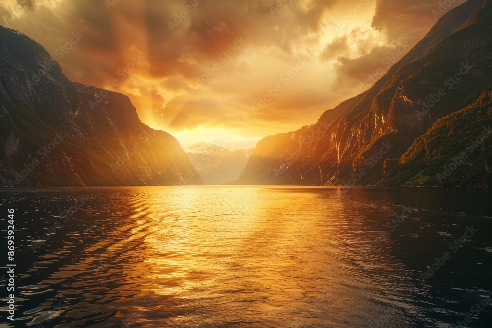 Experience the breathtaking beauty of a picturesque Norwegian fjord as it glows with the golden hues of the midnight sun. Experience the breathtaking beauty of a picturesque Norwegian fjord as it glows with the golden hues of the midnight sun.