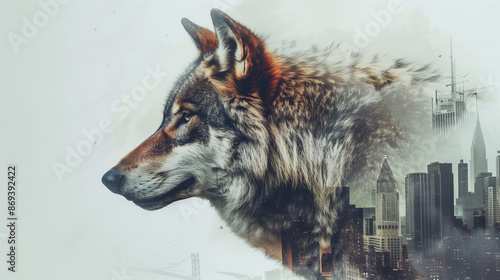 Wallpaper Mural double exposure of a wolf with a city, concept on the dangers of approaching two habitats, created with generative AI technology Torontodigital.ca