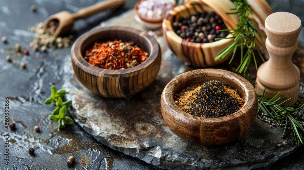Assorted spices in wooden bowls on a rustic surface Assorted spices in wooden bowls on a rustic surface
