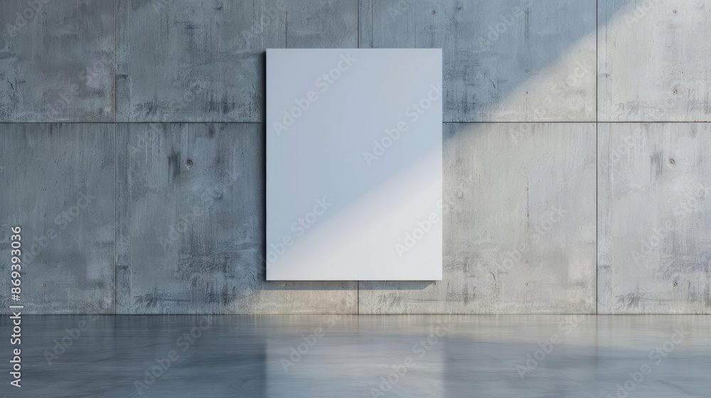 Minimalist white canvas hanging on a modern concrete wall. Abstract contemporary art in an urban gallery setting. Blank space for creative design. Minimalist white canvas hanging on a modern concrete wall. Abstract contemporary art in an urban gallery setting. Blank space for creative design.