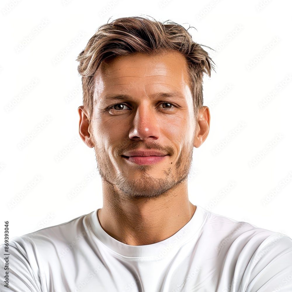 professional smiling soccer player standing isolated on white background, looking directly at the camera with an attentive expression professional smiling soccer player standing isolated on white background, looking directly at the camera with an attentive expression