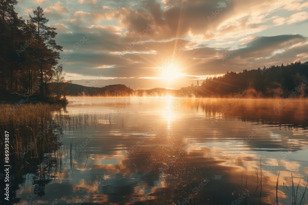 Experience the tranquility of a lakeside view in Sweden, where the soft glow of the midnight sun creates a mesmerizing reflection on the calm waters. Experience the tranquility of a lakeside view in Sweden, where the soft glow of the midnight sun creates a mesmerizing reflection on the calm waters.