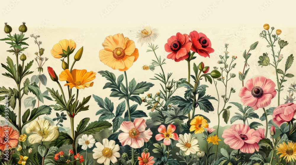 Fototapeta premium Detailed vintage botanical illustration of various flowers, perfect for botanical enthusiasts and antique art collectors.