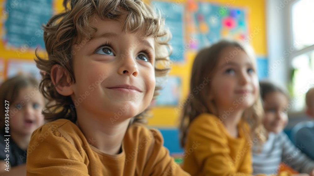 Obraz premium Vibrant portrait of children engaged in classroom activities, surrounded by colorful decorations and furniture.