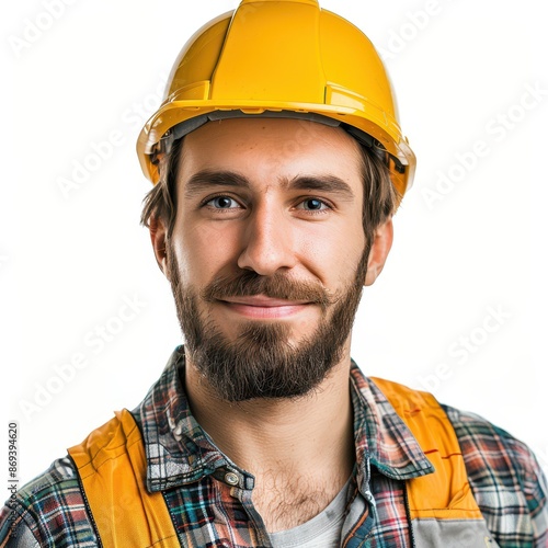 professional smiling Construction worker standing isolated on white background, looking directly at the camera with an attentive expression