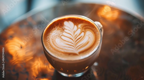 Artistic latte art coffee in a glass cup photo