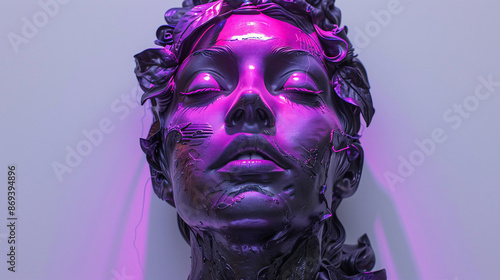 Gothic cyberpunk sculpture with tattoo elements and purple lighting on white background