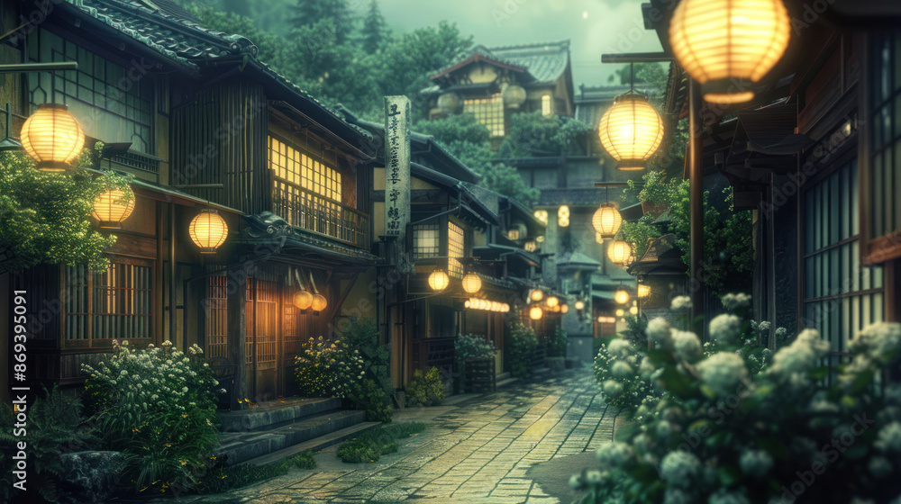 Japanese street with traditional houses and hanging lanterns Japanese street with traditional houses and hanging lanterns