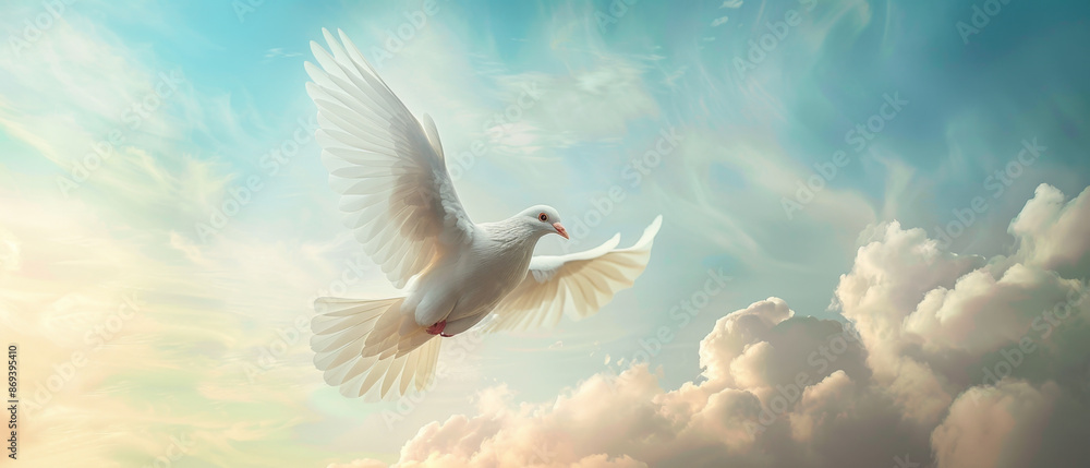 Fototapeta premium A peaceful sky funeral scene with white dove, providing a serene and reflective atmosphere.