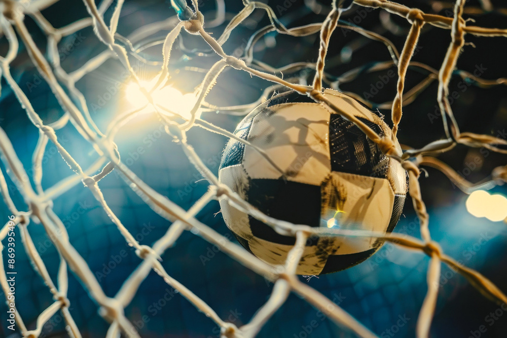 Naklejka premium Soccer ball stuck in net with stadium lights in back
