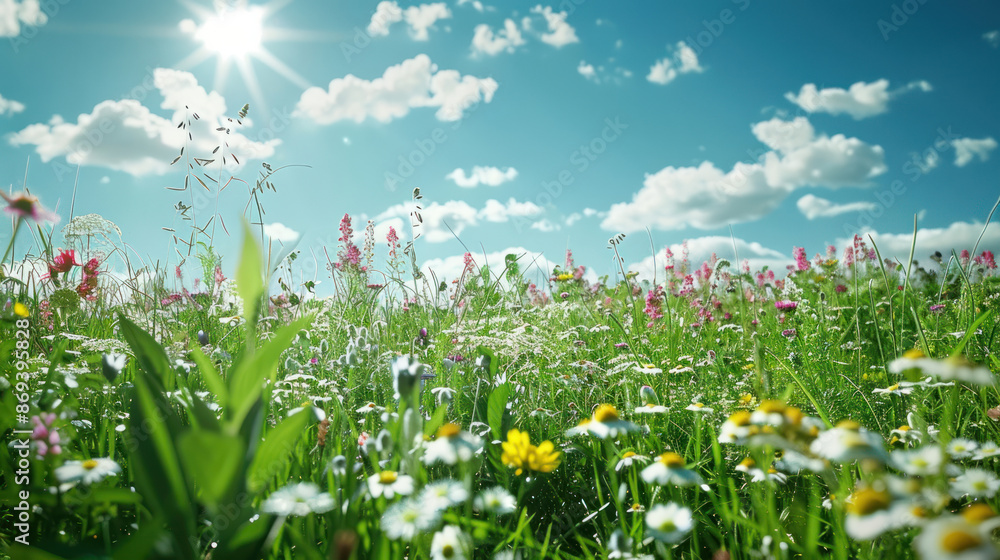 Lush green meadow with wildflowers under a bright blue sky Lush green meadow with wildflowers under a bright blue sky