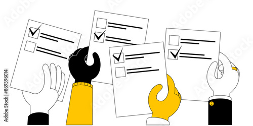 Hands of people of different nationalities hold voting papers. Horizontal banner template on the theme of elections, desocartia and voting.