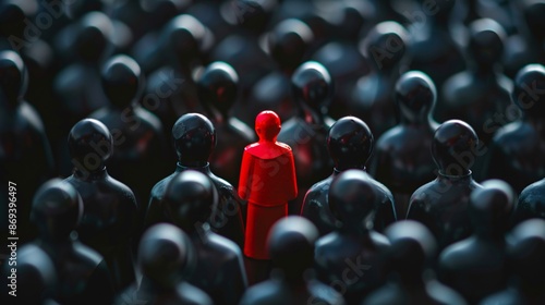 Red pawn standing out from the crowd. Leadership concept. 