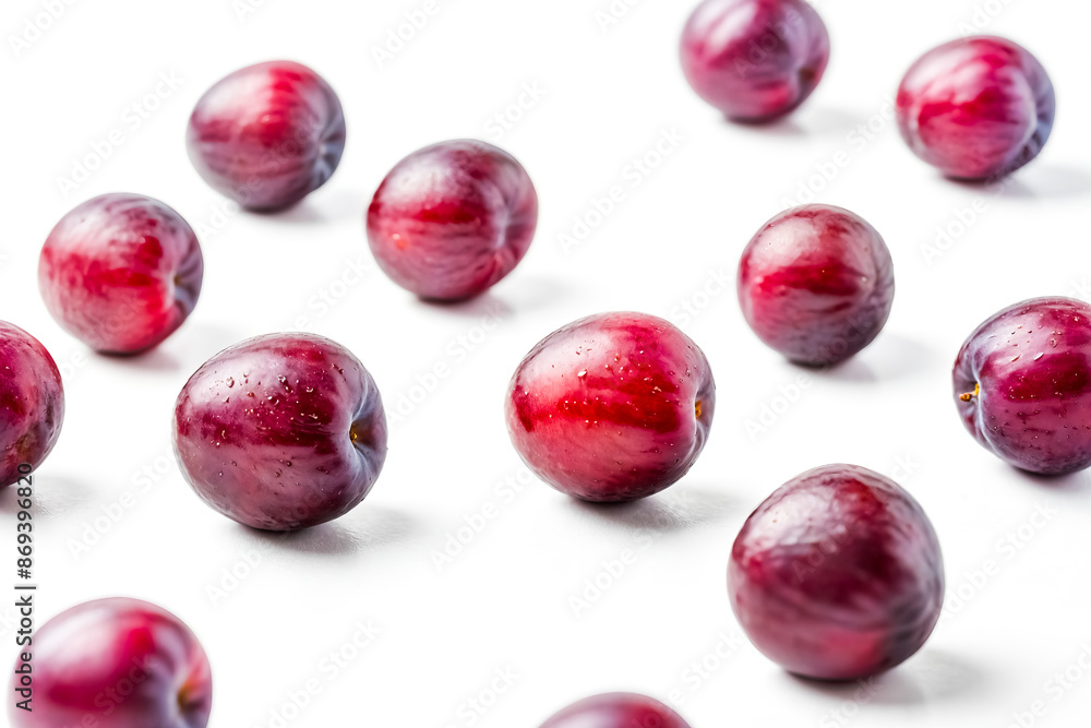 Close-up of Fresh Red Plums on White Background Close-up of Fresh Red Plums on White Background
