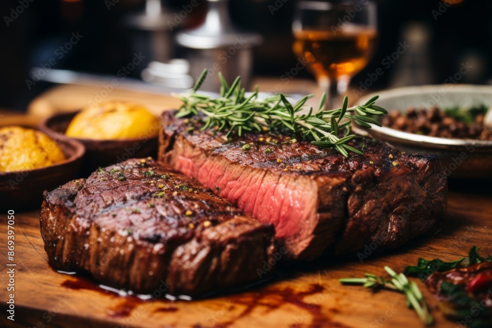 Close up of a medium rare steak served in a restaurant Close up of a medium rare steak served in a restaurant
