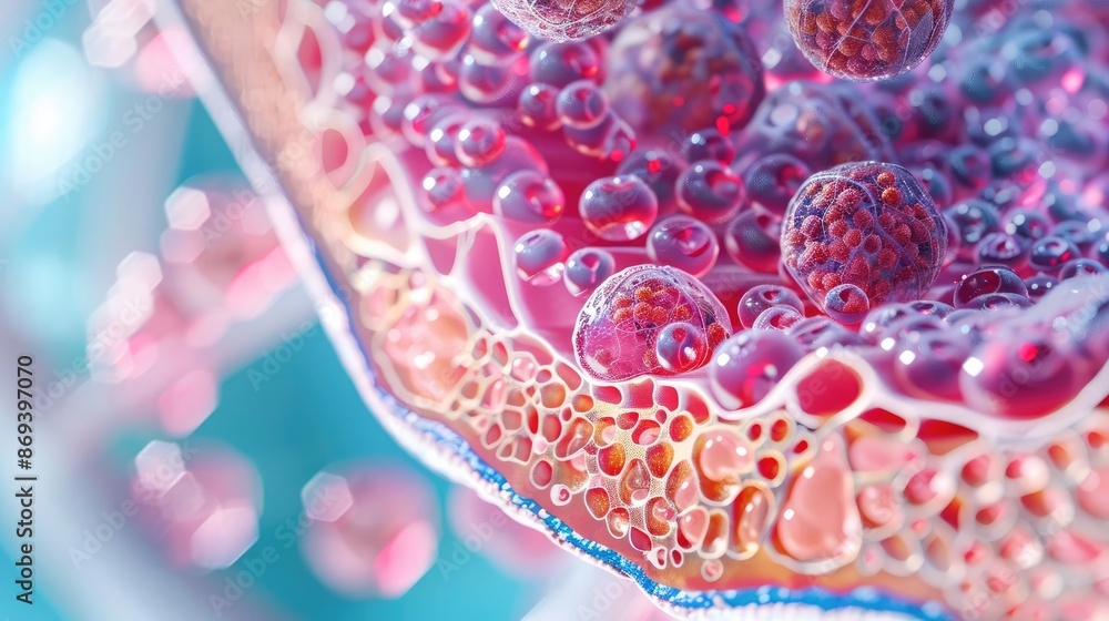 Fototapeta premium Close-up of the spleen with detailed structure, showcasing lymphocytes, spleen anatomy, medical illustration
