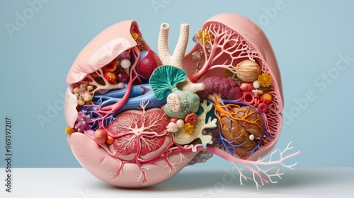 Cross-section of the liver showing detoxification zones and metabolic pathways, detailed anatomy, liver function photo