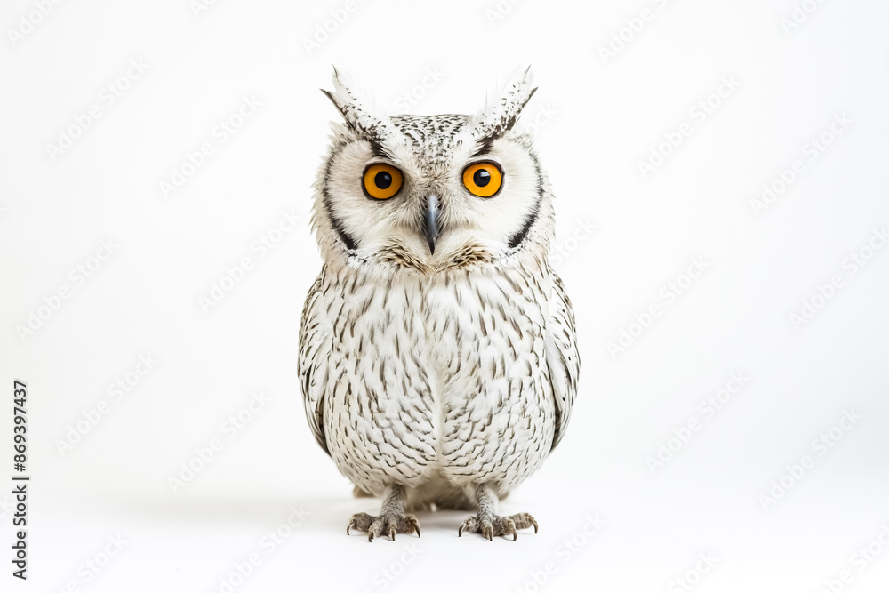 Obraz premium White Owl with Yellow Eyes on White Background