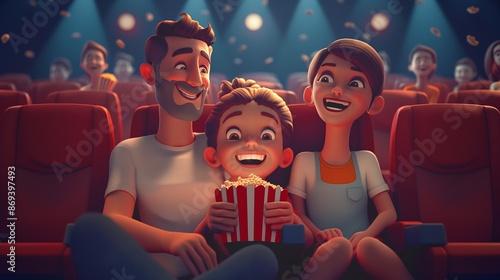 This photo captures the delight of a family outing to the cinema, with parents and their child enjoying a film together, their faces glowing with happiness as they share popcorn and laughter.