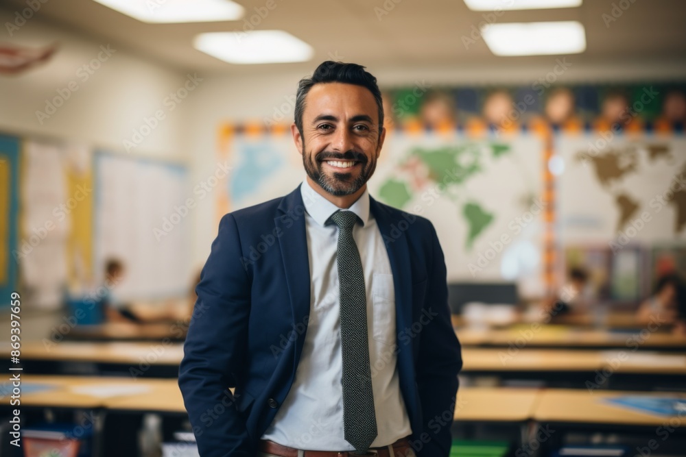 Portrait of a smiling Hispanic teacher in elementary school classroom Portrait of a smiling Hispanic teacher in elementary school classroom
