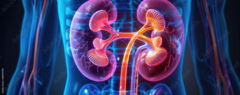 Kidney Function Set 3D model of the kidneys highlighting filtration functions, vivid colors ...