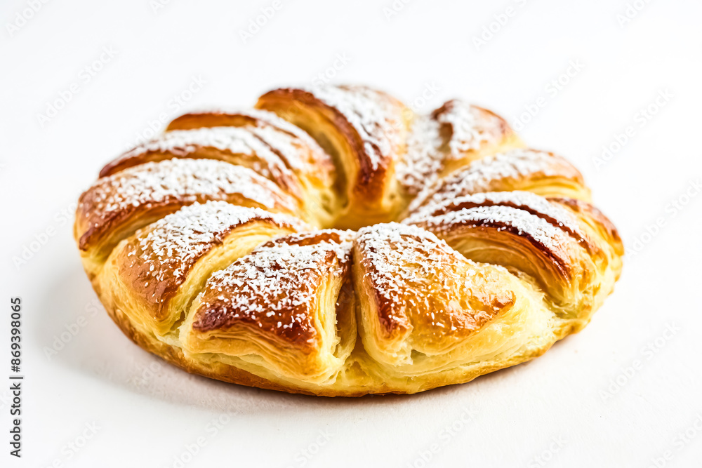 Close up of a freshly baked pastry with powdered sugar Close up of a freshly baked pastry with powdered sugar