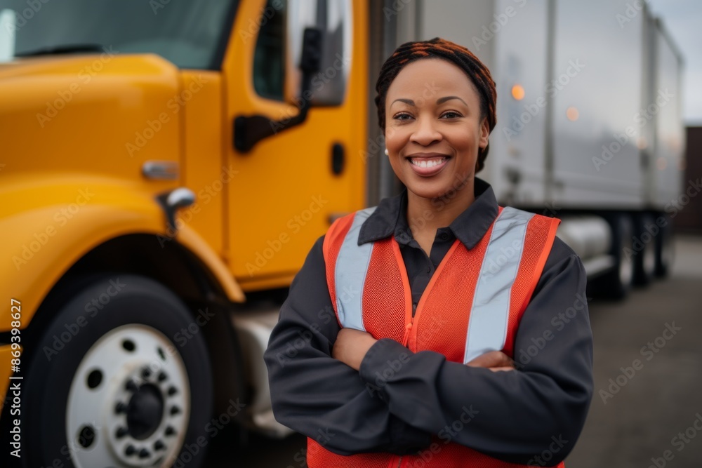 Portrait of a smiling middle aged female truck driver Portrait of a smiling middle aged female truck driver