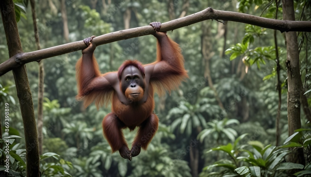 Obraz premium In the lush rainforests the orangutan swings effortlessly through the dense forest