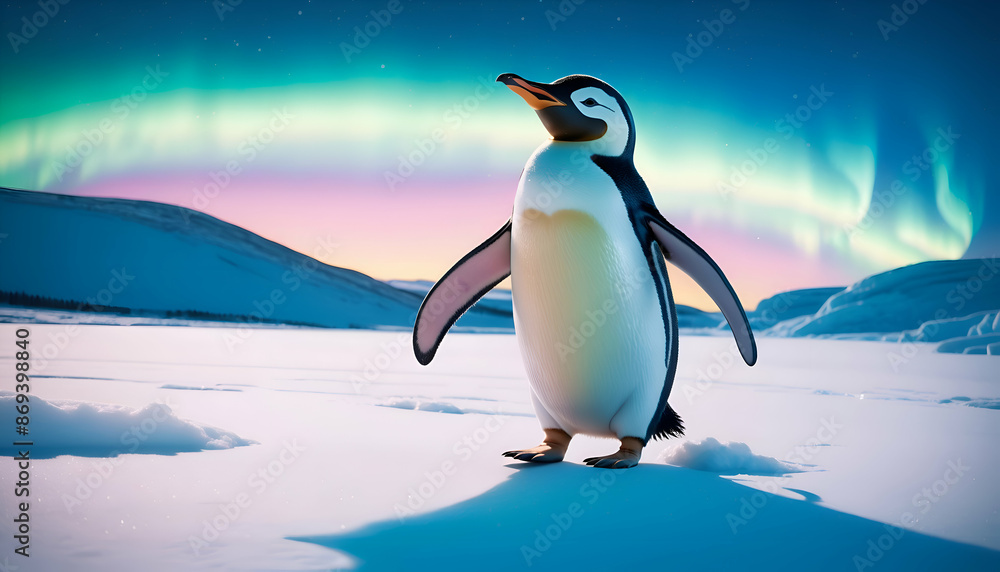 Fototapeta premium Arctic Serenity: Stylized 3D Penguin Beneath Northern Lights on Snowy Landscape