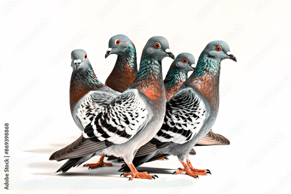 Five pigeons standing together on a white background. Five pigeons standing together on a white background.