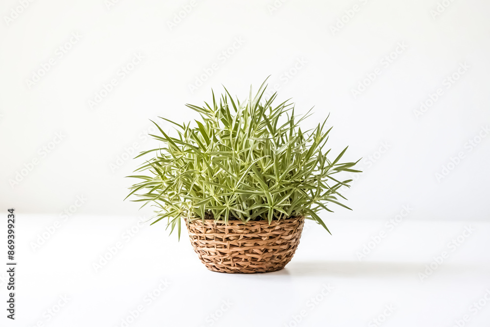 Green Plant in Wicker Basket on White Background Green Plant in Wicker Basket on White Background