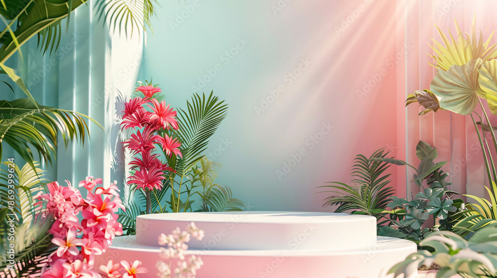 Minimal summer display with a white pedestal, tropical leaves, and pastel pink background Minimal summer display with a white pedestal, tropical leaves, and pastel pink background