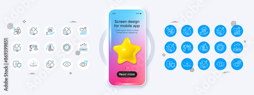 Silicon mineral, Zinc mineral and Vitamin h1 line icons. Phone mockup with 3d star icon. Pack of Vitamin a, Stress grows, Fever temperature icon. Shield, Clean skin, Dirty mask pictogram. Vector