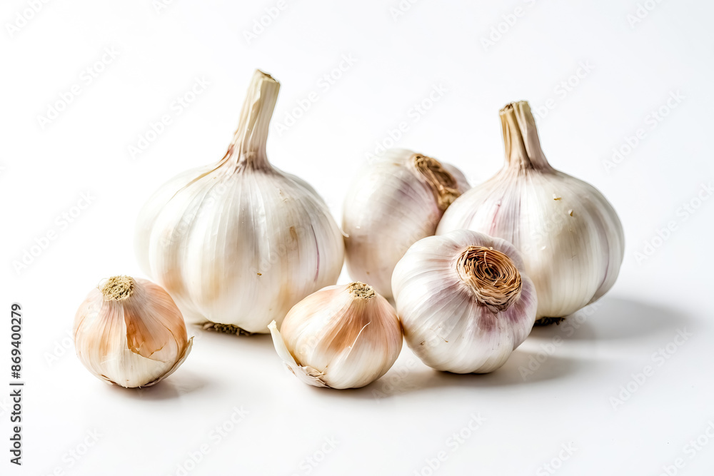 Fototapeta premium Closeup of Garlic Bulbs on White Background