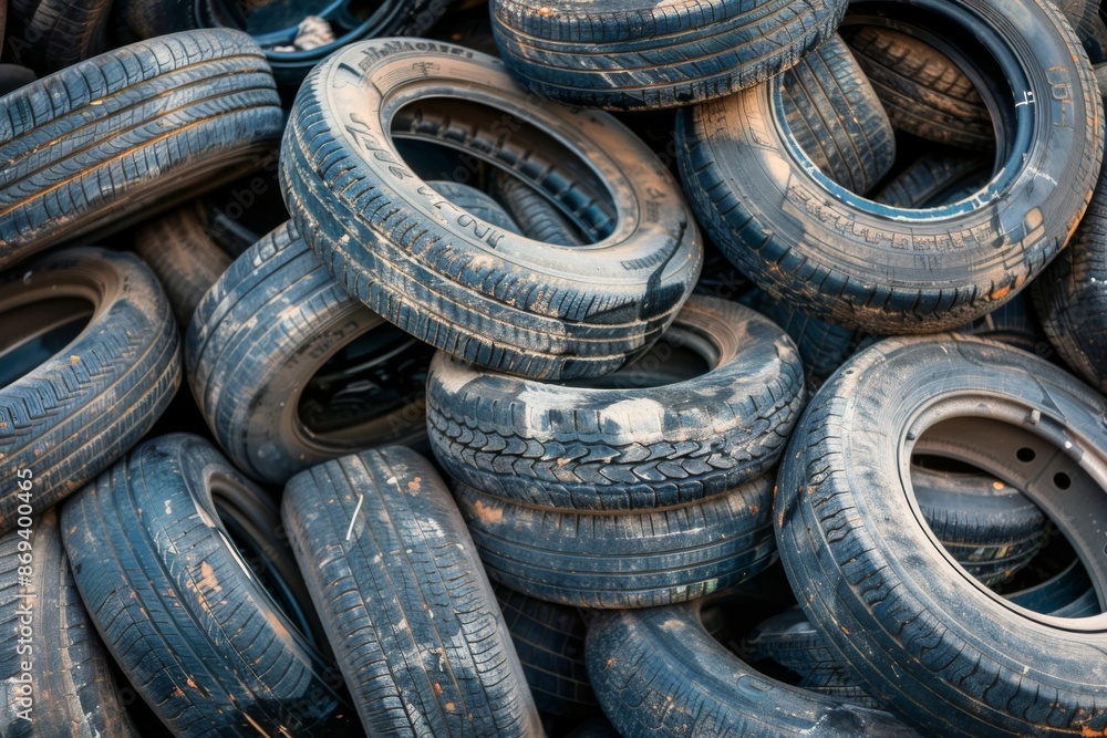 Landfill with old tires and tyres for recycling, Reuse of waste rubber tires. Worn out used wheels Landfill with old tires and tyres for recycling, Reuse of waste rubber tires. Worn out used wheels