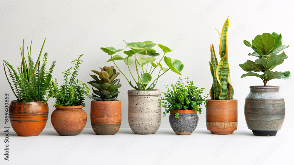 Obraz premium Modern and cozy watercolor-style indoor plants in various pots on white background