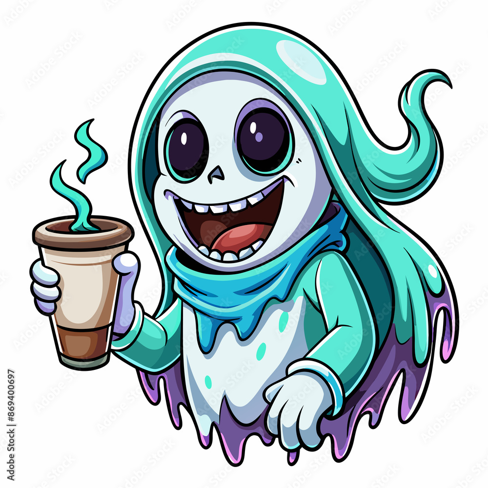 cartoon style skeleton draped in a blue ethereal cloak gives a thumbs up while holding a steaming coffee cartoon style skeleton draped in a blue ethereal cloak gives a thumbs up while holding a steaming coffee