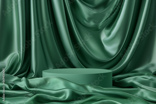 A luxurious 3D render of a green podium background, featuring fabric and curtain elements. The podium is designed for showcasing premium products, with a cloth-like texture that adds to its elegance