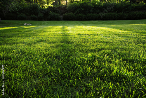 Empty Lawn in Backyard or Garden with Grass, Background Featuring Other Plants or Fence, Tranquil and Natural Setting