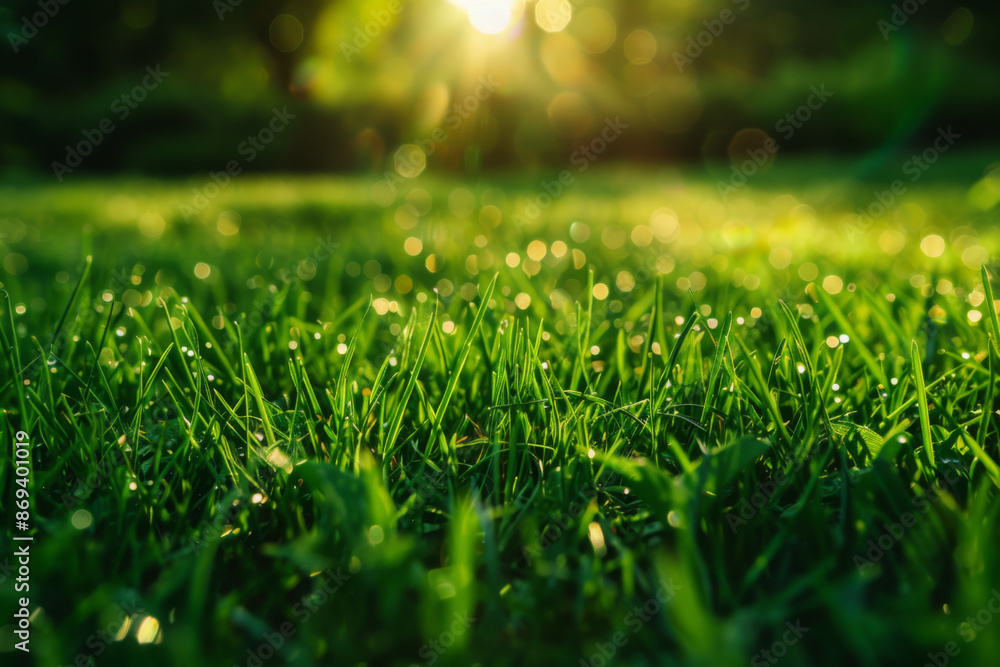 Artistic Photo of Sunlit Lawn with Dew, Sunrise or Sunset, Featuring Individual Blades of Grass and Dew Drops Artistic Photo of Sunlit Lawn with Dew, Sunrise or Sunset, Featuring Individual Blades of Grass and Dew Drops