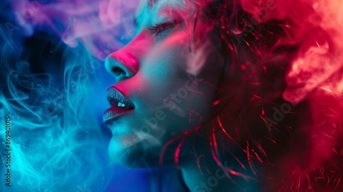 Portrait of a woman with neon smoke and colorful lighting