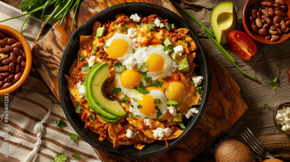 Traditional Mexican Chilaquiles with Fried Eggs, Avocado, Cheese, Beans, and Fresh Herbs Traditional Mexican Chilaquiles with Fried Eggs, Avocado, Cheese, Beans, and Fresh Herbs