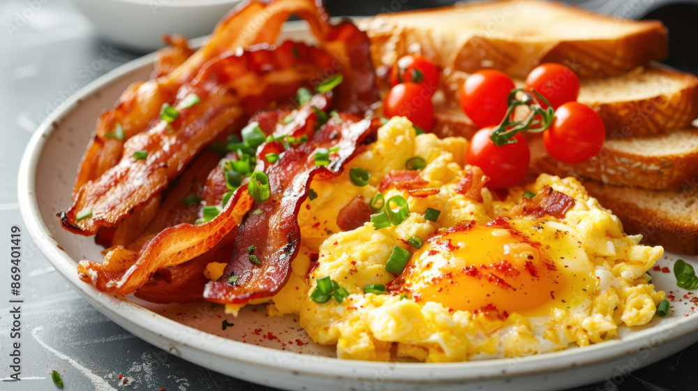 Classic American breakfast with crispy bacon, scrambled eggs, toast, and cherry tomatoes Classic American breakfast with crispy bacon, scrambled eggs, toast, and cherry tomatoes