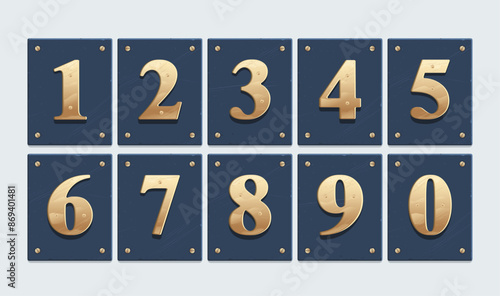 Elegant Gold Metallic Numbers on Blue Plates, Vector Illustration Set, Doors and Apartment Plaques.
