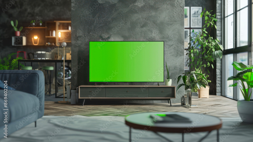Modern living room with greenery and TV screen Modern living room with greenery and TV screen